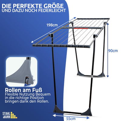 STAHLMANN ® Wäscheständer ausziehbar [20M Trockenfläche ] - Wäscheständer XXL [Made IN EU] - Wäscheständer schwarz mit Klemmen für kleine Wäschestücke - Wäscheständer platzsparend