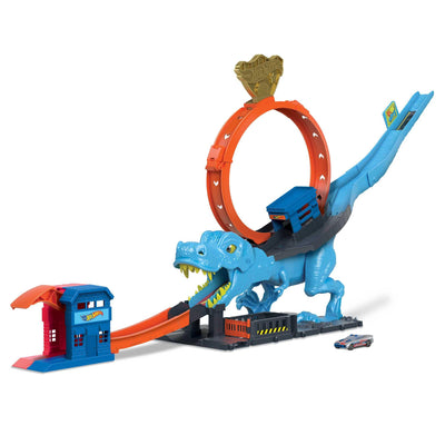 Hot Wheels City T-Rex Angriff - Geschicklickheit durch genaues Timing, Polizeiwache, Looping, Dinosaurier, Kreuz-Augen, für Kinder ab 4 Jahren, HNP77