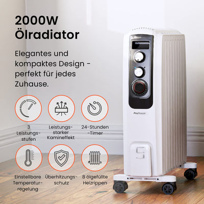 Pro Breeze Tragbarer Ölradiator, 8 Elemente, 2000 W, mit 3 Heizleistungen, einstellbarer Thermostat, 24-Stunden-Timer, energiesparende elektrische Heizung