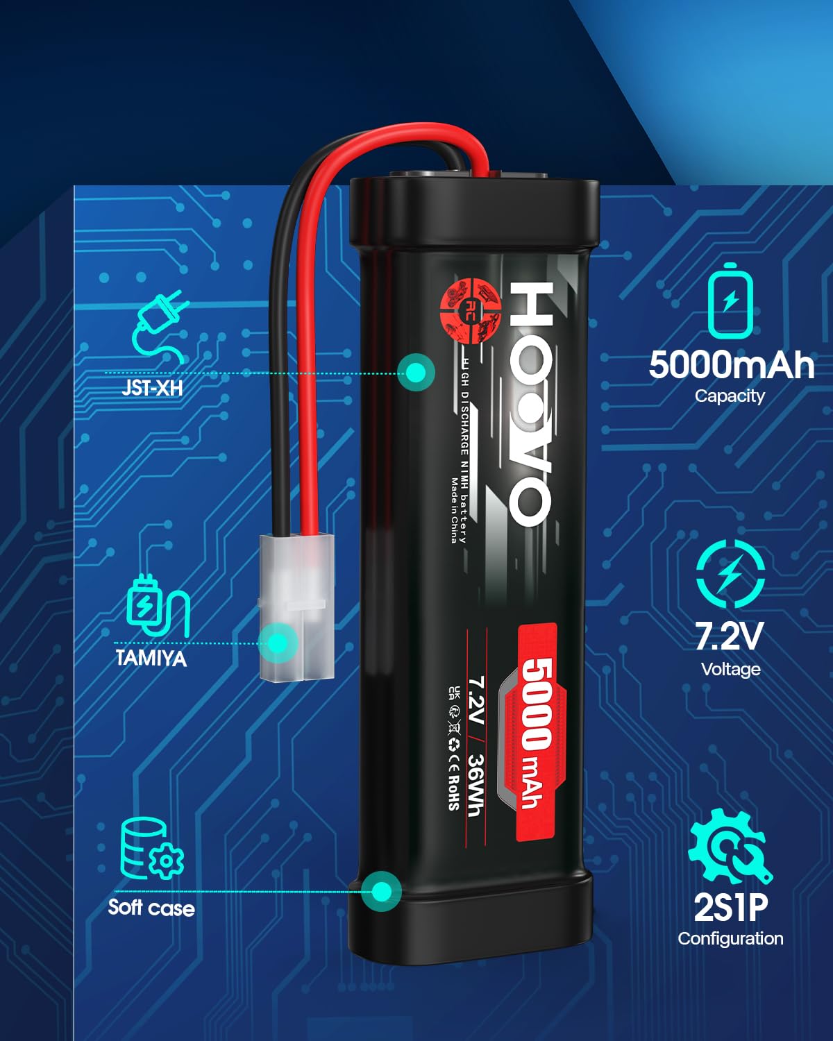 HOOVO 7,2 V NiMH Akku 5000mAh 6 Zellen RC Battery/Batterie für RC Car Autos Flugzeug Hubschrauber Boot Buggy Modellbau Spielzeug (2 Packungen