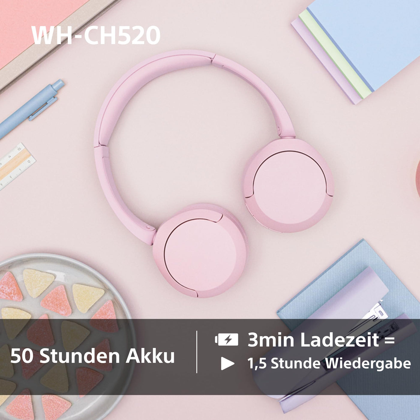 Sony WH-CH520 Kabelloser Bluetooth On-Ear-Kopfhörer, hohe Klangqualität, leichtes Design, bis zu 50 Stunden Akkulaufzeit, Schnellladung, EQ, klare Gesprächsqualität, iOS und Android - Rosa