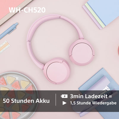 Sony WH-CH520 Kabelloser Bluetooth On Ear Kopfhörer, hohe Klangqualität, leichtes Design, bis zu 50 Stunden Akkulaufzeit, Schnellladung, EQ, klare Gesprächsqualität, iOS und Android, Blau
