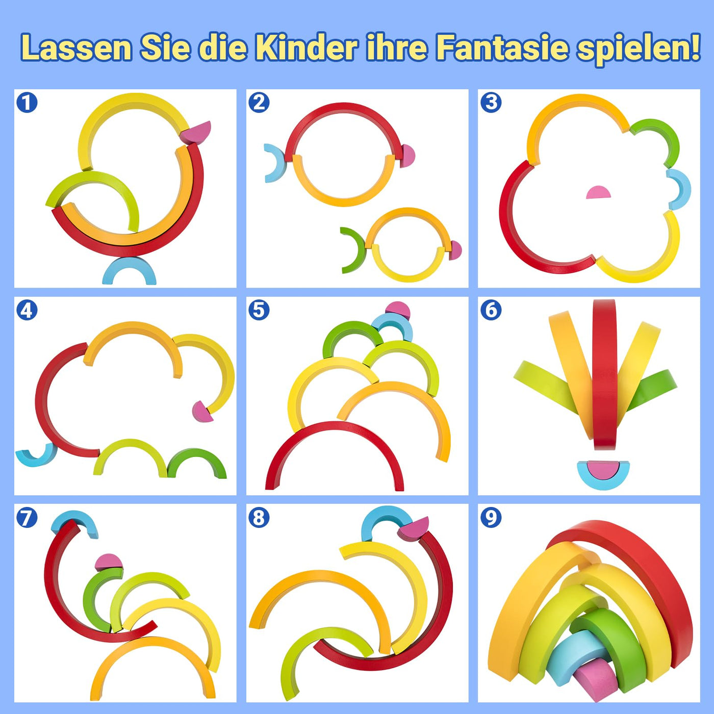 RunHero 3-in-1 Montessori Stapelspielzeug Holzbausteine Regenbogen Motorikspielzeug Grimms Bauklötze ab 1 Jahr Baby Geschenk für 2 3 4 5 Jahr Kinder