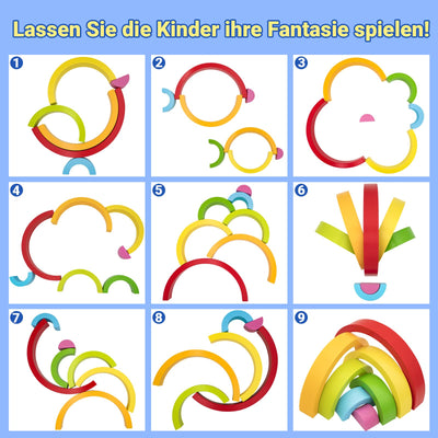 RunHero 3-in-1 Montessori Stapelspielzeug Holzbausteine Regenbogen Motorikspielzeug Grimms Bauklötze ab 1 Jahr Baby Geschenk für 2 3 4 5 Jahr Kinder