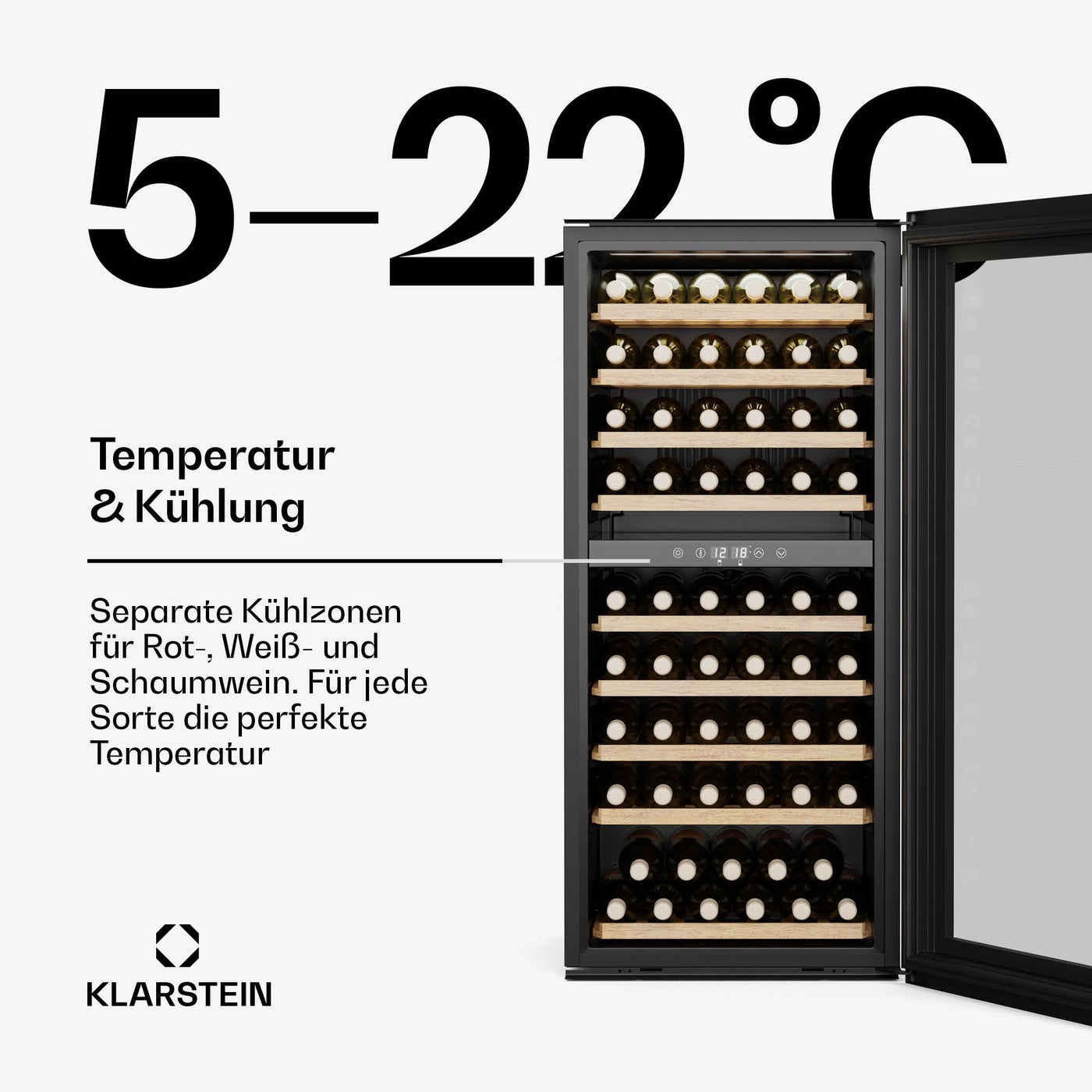 Klarstein Vinsider Duo Weinkühlschrank - 79 Flaschen, 2 Zonen, 5-22 °C, Touch-Bedienung, LED, UV-Schutz, Einbau, Schwarz