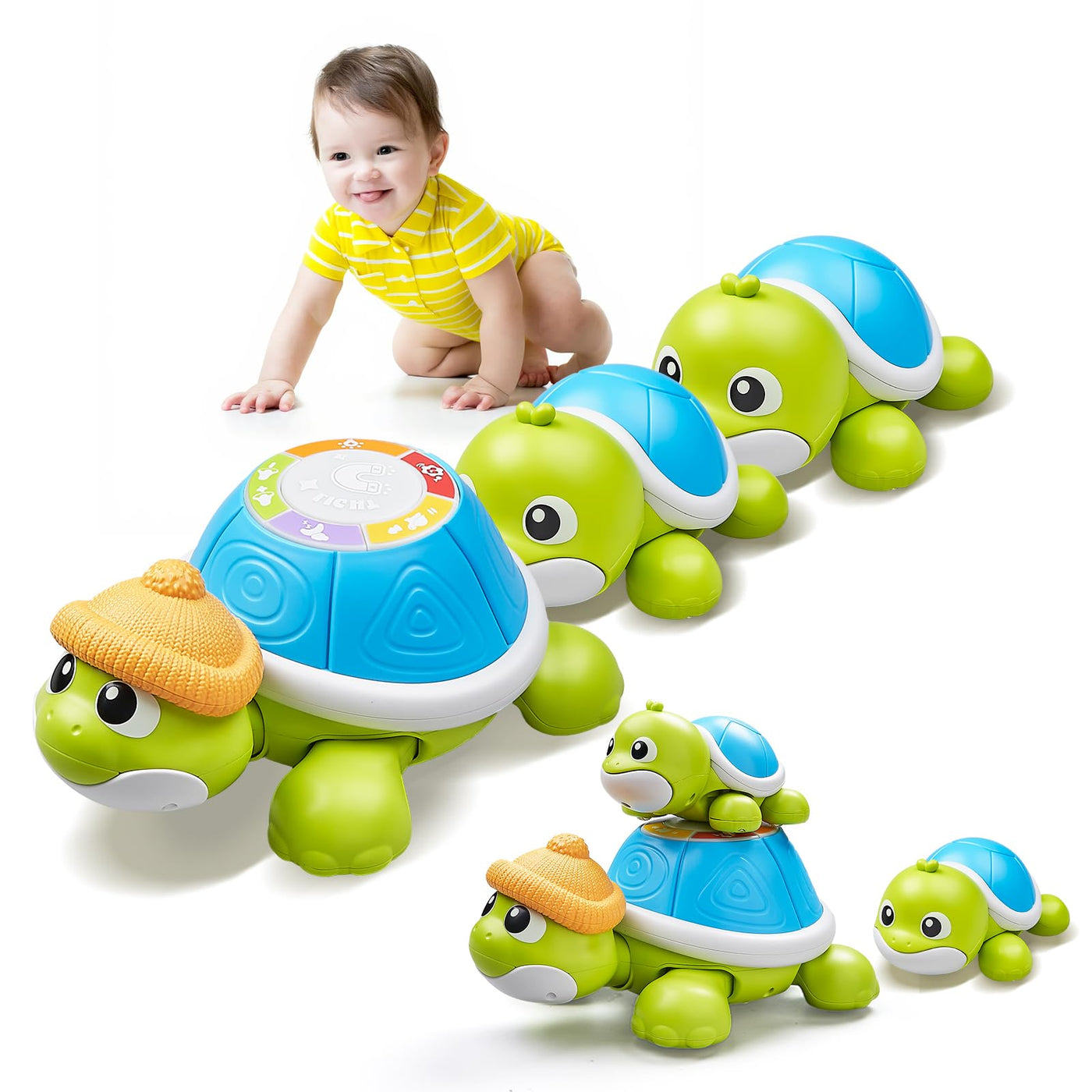 Baby Krabbel Spielzeug ab 3 6 9 Monate, 3 PCS Schildkröten Krabbelspielzeug mit Licht und Musik, Frühkindliches Lernspielzeug, Tummy Time Baby Toys, Neugeborenes Spielzeug Geschenk