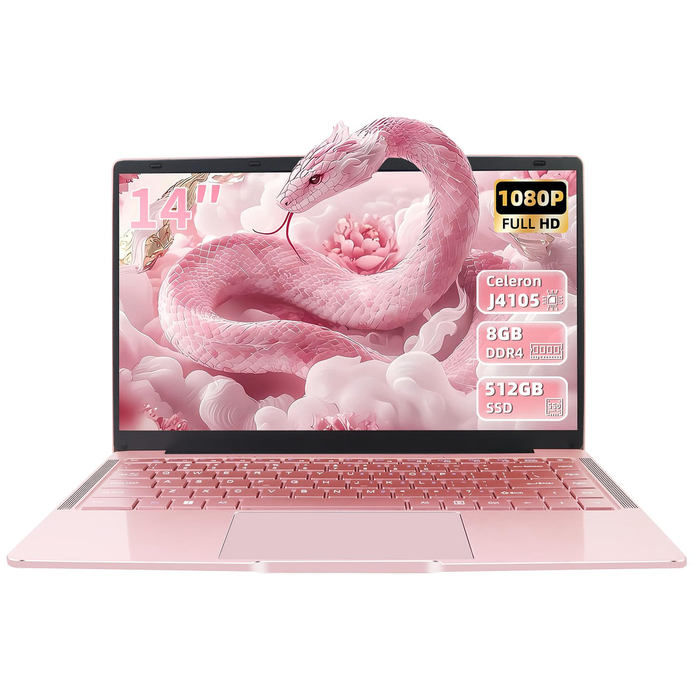 Fsjun 14 Zoll Laptop Roségold, FHD Display, 4 Kern Prozessor Celeron J4105, 8GB DDR4 RAM, 512GB SSD, Webcam, WiFi, USB 3.0 x2, Mini-HDMI, Ultra-dünn, Notebook für Anfänger, DE Tastaturschutz