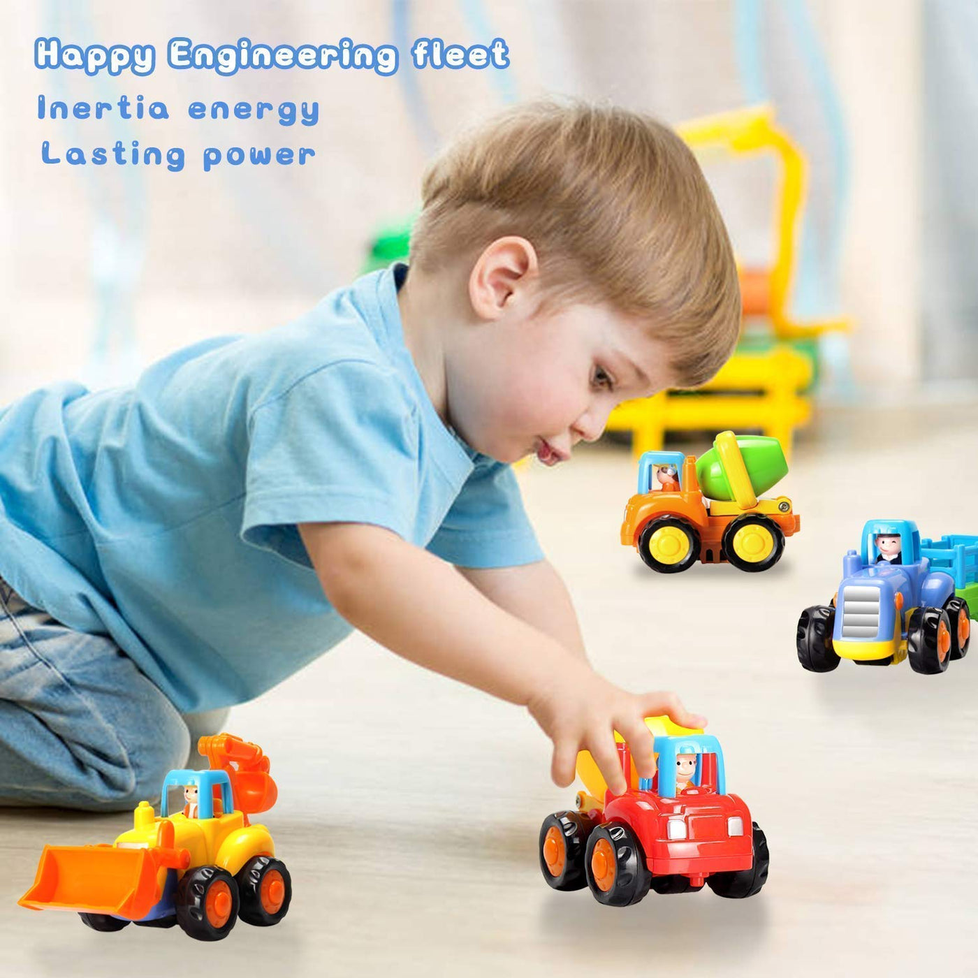 MOONTOY Baby Spielzeugauto Bagger Konstruktionsfahrzeuge Baufahrzeuge 4 in einem Set für Kinder, Traktor, Bulldozer, Kipper & Zementmischer