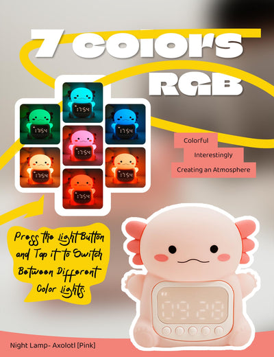 IHALO Cute Axolotl Wecker Kinder mit Nachtlicht, Kinderwecker Mädchen Nachttisch, Silikon Nachtlicht für Kinder, Wiederaufladbar, Zwei Wecker, Datum, Uhrzeit, Dekoration für Babyzimmer