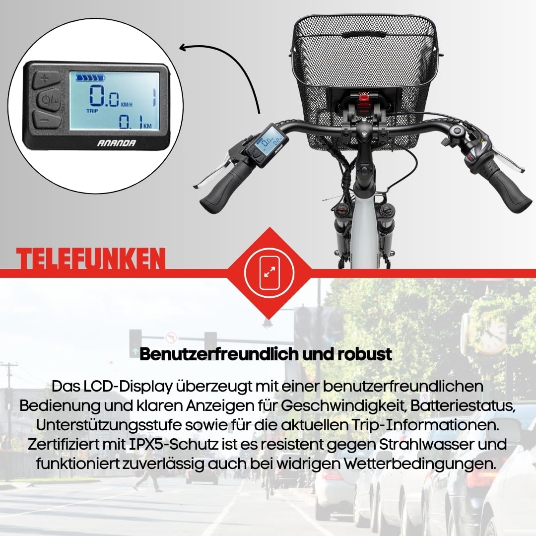 TELEFUNKEN E-Bike Elektrofahrrad Alu 28 Zoll mit 7-Gang Kettenschaltung, Pedelec Citybike leicht mit Fahrradkorb, 250W und 10,4Ah, 36V Sitzrohrakku, RC822 Multitalent