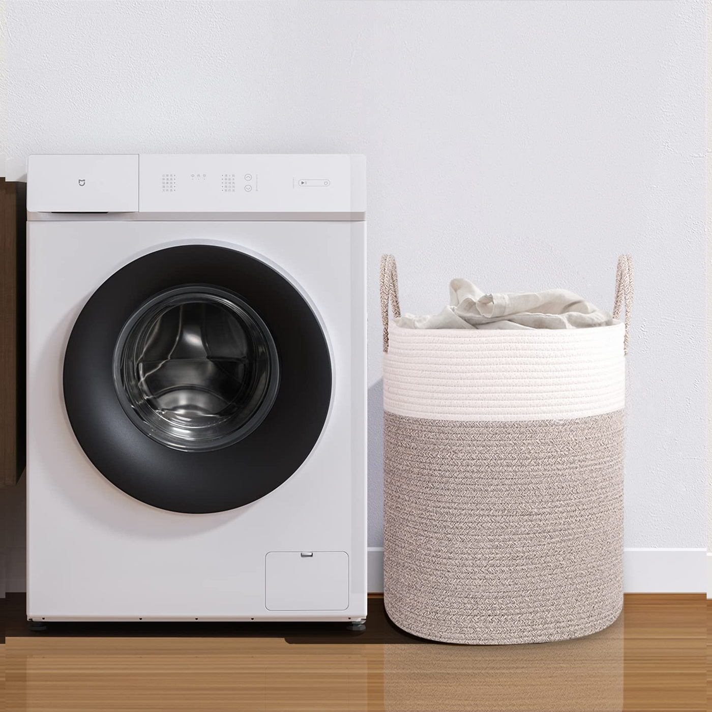 VORHOT Wäschekorb Geflochten aus Baumwolle, 53L Wäschesammler mit Henkel, Laundry Basket Aufbewahrungskorb Spielzeug, Korb Wäschebox für Wäschekammer Kinderzimmer Wohnzimmer Bad, 46x38cm