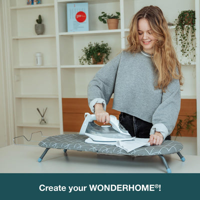 WONDERHOME Patentiertes Tischbügelbrett, klappbare Beine, platzsparend, grau, blau , Faltbares Bügelbrett mit Klappfunktion