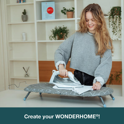 WONDERHOME Patentiertes Tischbügelbrett, klappbare Beine, platzsparend, grau, blau , Faltbares Bügelbrett mit Klappfunktion