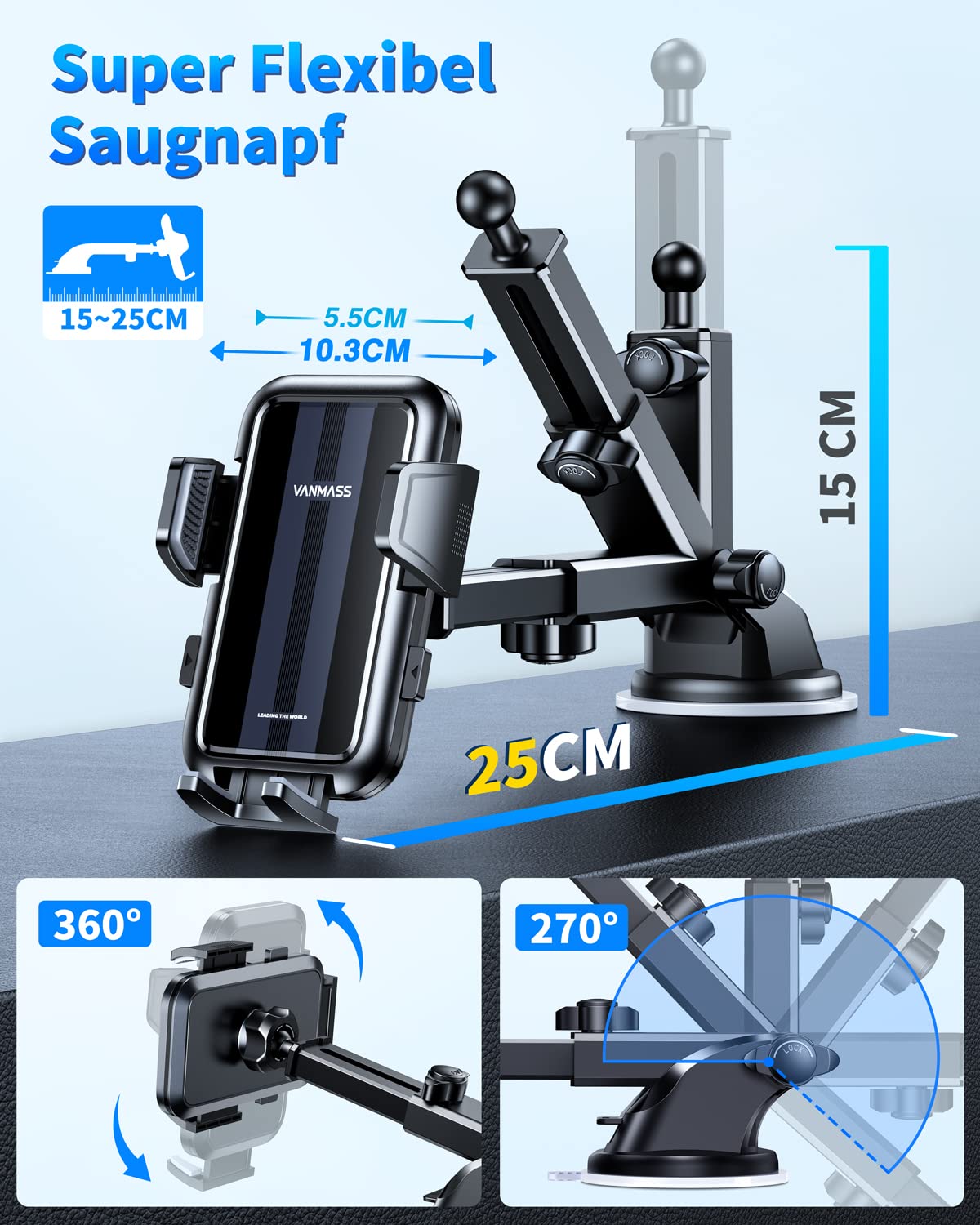 VANMASS 2025【True Militär-Klasse】Handyhalterung Auto【Stärkste Saugnapf & Lüftungsclip 】4 in 1 Handy Halterung Auto Handyhalter 360° drehbar Autohalter für iPhone 17 Pro Max/17 Air/16/15/14 Samsung S25