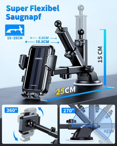 VANMASS 2025【True Militär-Klasse】Handyhalterung Auto【Stärkste Saugnapf & Lüftungsclip 】4 in 1 Handy Halterung Auto Handyhalter 360° drehbar Autohalter für iPhone 17 Pro Max/17 Air/16/15/14 Samsung S25