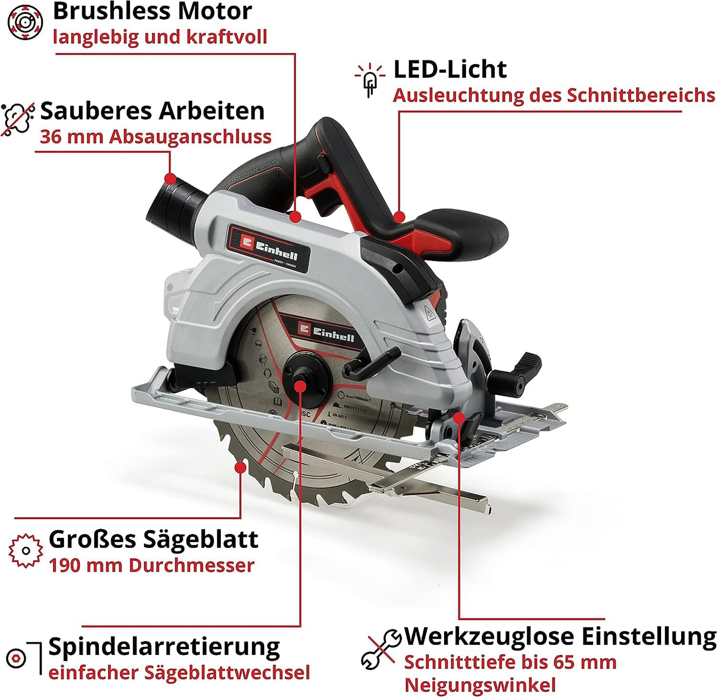 Einhell Professional Akku-Handkreissäge TP-CS 18/190 Li BL-Solo Power X-Change (18 V, Ø190 mm Sägeblatt, Brushless, 65 mm Schnitttiefe, werkzeuglose Einstellung, ohne Akku)