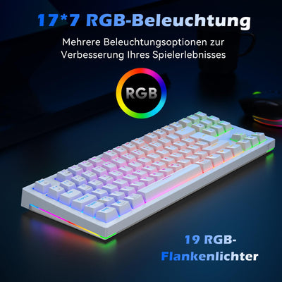TECURS Mechanische Tastatur - Gaming Tastatur Kabellos Programmierbare 80% TKL QWERTZ mit Rote Schalter, RGB-Beleuchtung, Multimedia-Tasten, Mechanical Keyboard für PC/PS4/PS5, Weiß