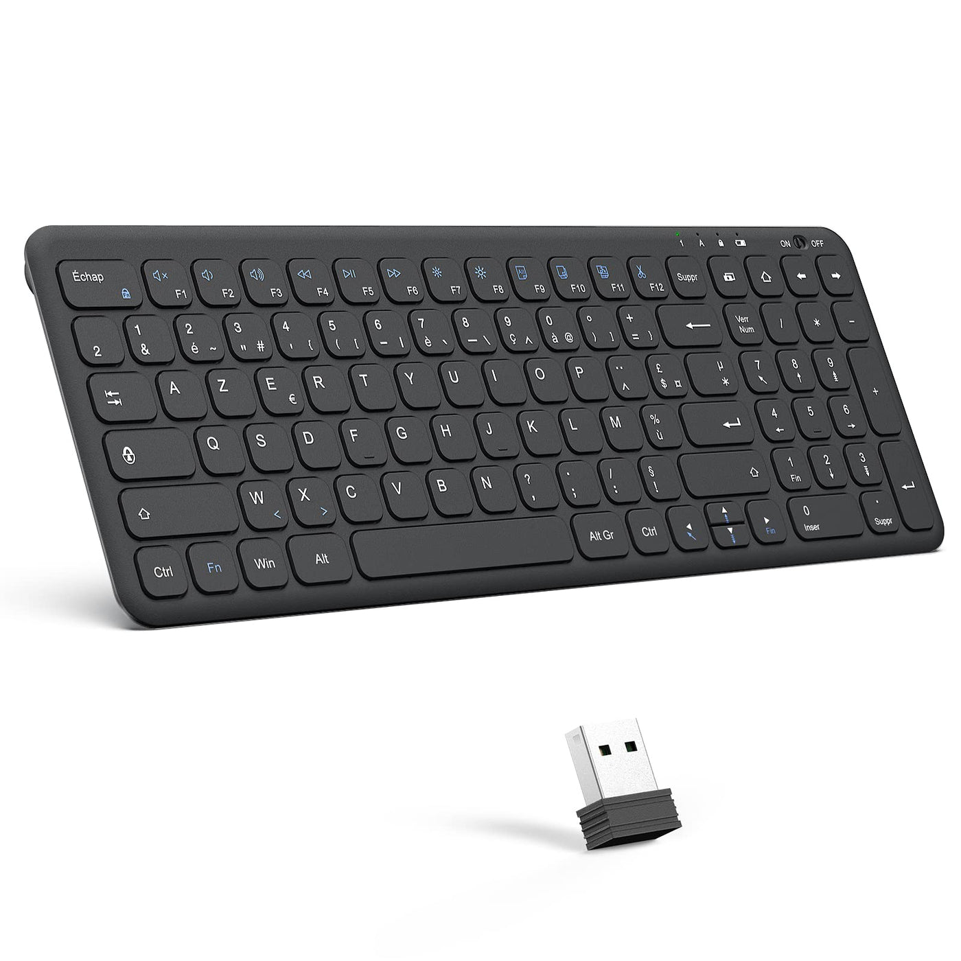 OMOTON Kabellose Tastatur, 2,4 GHz, AZERTY-Tastatur, leise, für Windows 10/8/7, PC, Computer, kabellose USB-Tastatur mit Ziffernblock, ultradünn, Schwarz