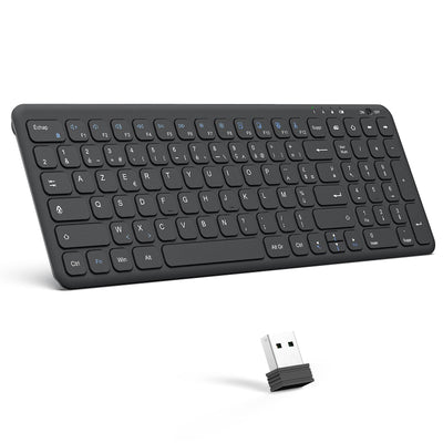 OMOTON Kabellose Tastatur, 2,4 GHz, AZERTY-Tastatur, leise, für Windows 10/8/7, PC, Computer, kabellose USB-Tastatur mit Ziffernblock, ultradünn, Schwarz