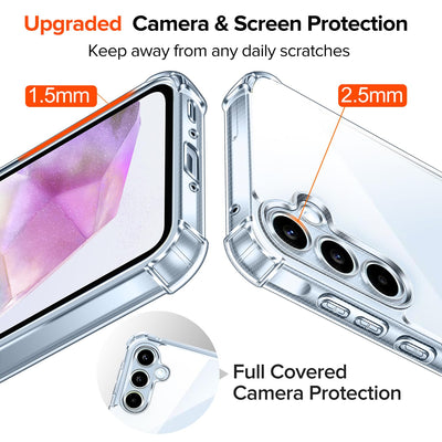iVoler Nie Vergilbung Klar Hülle für Samsung Galaxy A35 5G mit Stoßfest Schutzecken, 1 Handyhülle mit 3 Stück Panzer Schutz Glas, [Militärischer Schutz] Transparent Schutzhülle Dünn Durchsichtige Case