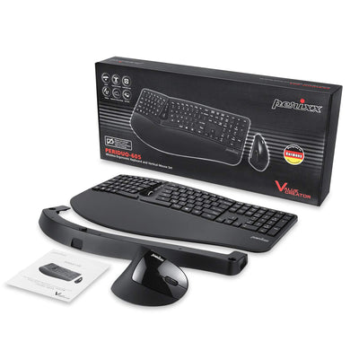 Perixx Periduo-605, Kabellose Ergonomische Tastatur und Vertikale Maus Desktop Set, Geteiltes Tastenfeld, 4-Wege-Scrollrad, Anpassbare Handballenauflage und Flachen Tasten mit Vertikalmaus