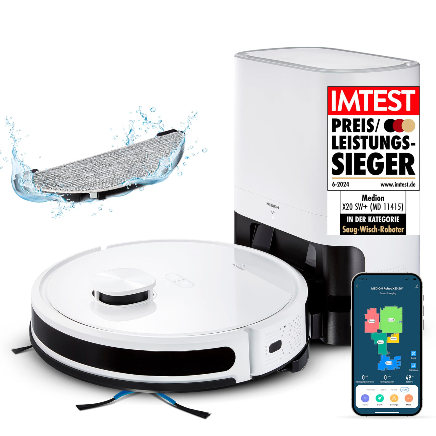 MEDION Saugroboter mit Absaugstation und Wischfunktion X20 SW+ (Lasernavigation, Starke 3000Pa Saugkraft, 2in1 Roboterstaubsauger, präzise Kartenerstellung, Go & No Go Bereiche, mehrere Etagen)
