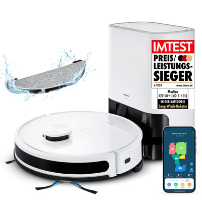 MEDION Saugroboter mit Absaugstation und Wischfunktion X20 SW+ (Lasernavigation, Starke 3000Pa Saugkraft, 2in1 Roboterstaubsauger, präzise Kartenerstellung, Go & No Go Bereiche, mehrere Etagen)