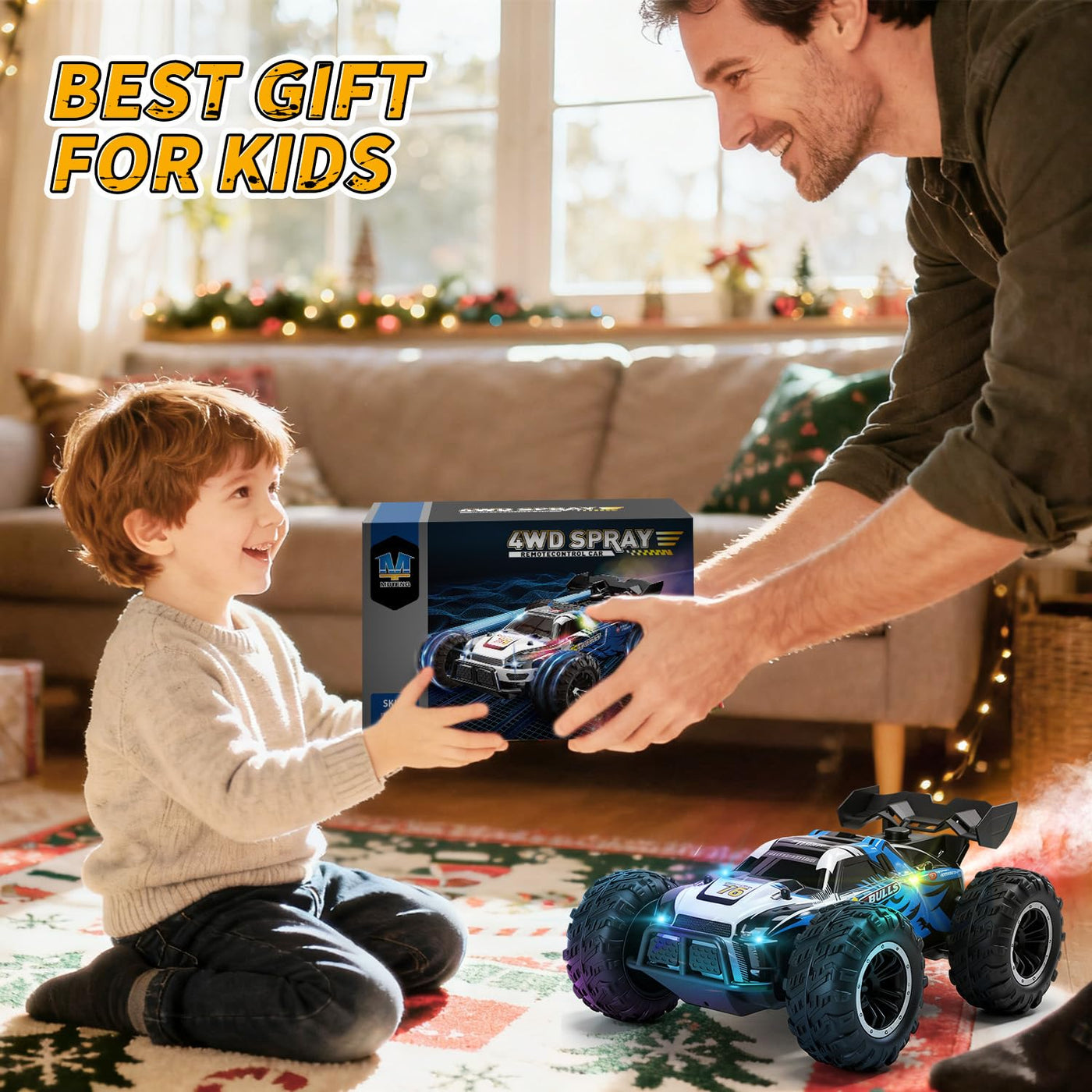 DEERC 1:16 4WD RC Auto mit Musik, LED Licht & Sprühfunktion, 2.4GHz Ferngesteuertes Auto mit Dual-Akku 40 Min Spielzeit, Offroad Fahrzeug mit One-Click-Demo, Geschenk für Kinder Jungen 5–12 Jahre