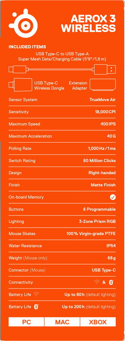 SteelSeries Aerox 3 Wireless - RGB Gaming-Mouse mit Öffnungen in der Oberfläche - Federleichtes, wasserabweisendes Design - Optischer TrueMove Air-Sensor mit 18.000 DPI - Onyx