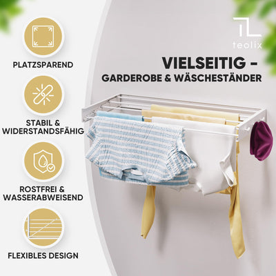 teolix Wäscheständer Wandmontage [2in1 mit extra Kleiderhaken] Ausziehbar und Platzsparend | Wäschetrockner Klein für Wand | Clothes Drying Rack Zeitlos Praktisch - (Weiß, 80cm)