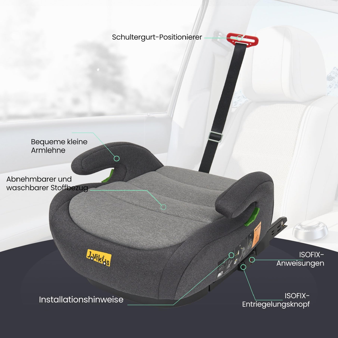 Jovikids Sitzerhöhung Auto Kinder ISOFIX, ECE R129 Kindersitzerhöhung 125-150cm, Verdickter Stoffbezug & Isofix Einführhilfe, Leicht Waschbar