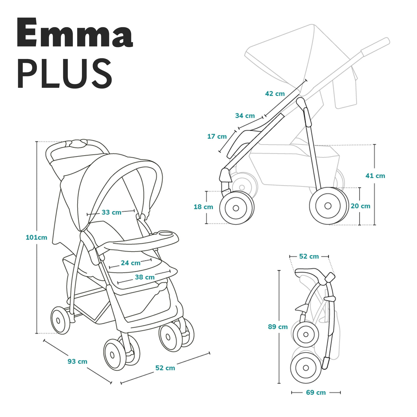 LIONELO Emma Plus Kinderwagen bis zu 15 kg, Kindersportwagen, leicht modern klein Buggy mit Liegeposition, zusammenklappbar, große Räder, großer Korb, Tasche Stone