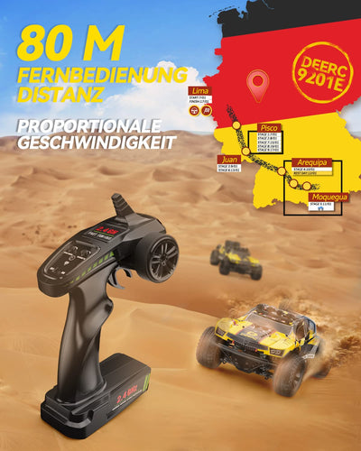 DEERC Ferngesteuerte Auto 1:10 mit Lichtern RC Auto 48km/h 4WD Offroad Hobby Grade Monster Crawler mit 2 Akkus 40 Minuten Laufzeit,2 Autoschalen, für Erwachsene, Kinder (9201E)