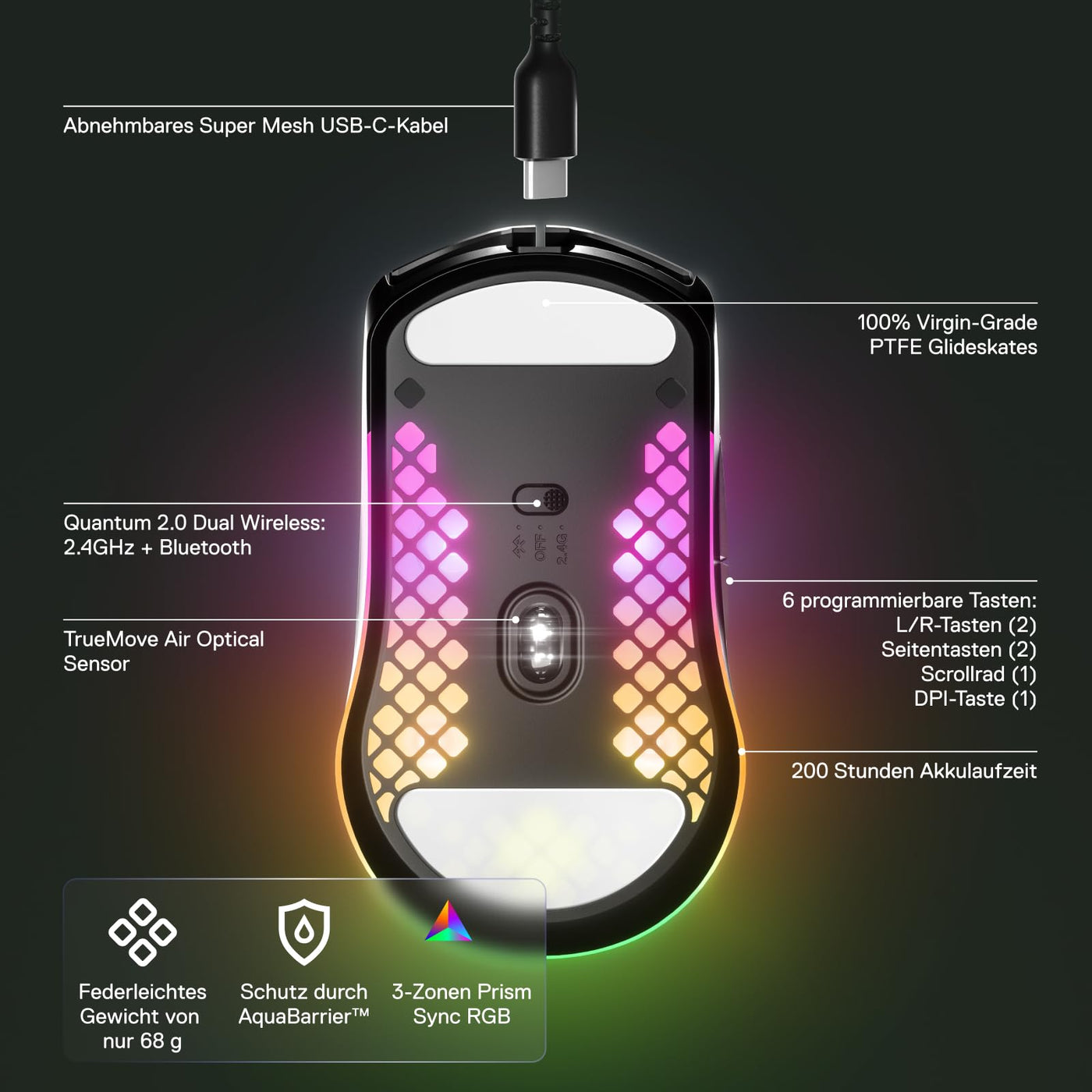 SteelSeries Aerox 3 Wireless - RGB Gaming-Mouse mit Öffnungen in der Oberfläche - Federleichtes, wasserabweisendes Design - Optischer TrueMove Air-Sensor mit 18.000 DPI - Onyx