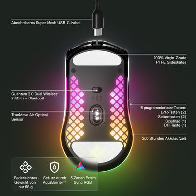 SteelSeries Aerox 3 Wireless - RGB Gaming-Mouse mit Öffnungen in der Oberfläche - Federleichtes, wasserabweisendes Design - Optischer TrueMove Air-Sensor mit 18.000 DPI - Onyx