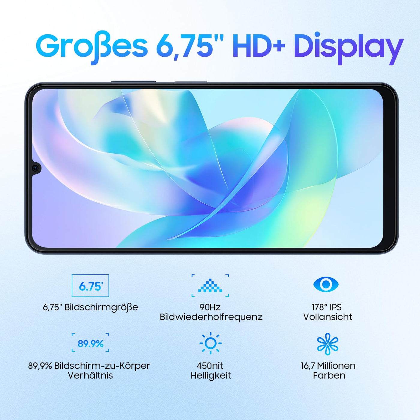 Blackview Color 8 Handy Ohne Vertrag, 16GB+256GB/1TB erweiterbar Android 13 Smartphone Günstig 6000mAh, T616 Octa-Core, 90Hz/6.75" HD+, 50MP Kamera, Fingerprint/3.5mm Jack/4G Dual SIM/Simlockfreie