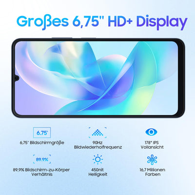 Blackview Color 8 Handy Ohne Vertrag, 16GB+256GB/1TB erweiterbar Android 13 Smartphone Günstig 6000mAh, T616 Octa-Core, 90Hz/6.75" HD+, 50MP Kamera, Fingerprint/3.5mm Jack/4G Dual SIM/Simlockfreie