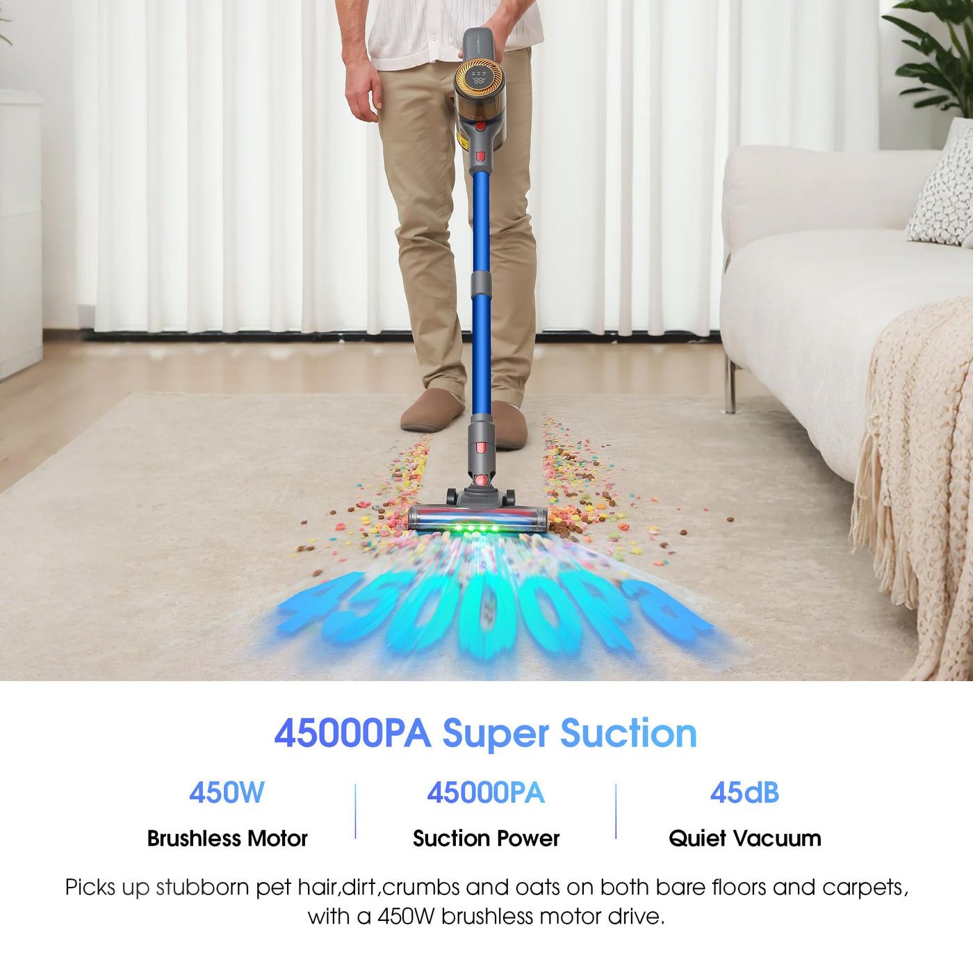 UNINELL Home UV1 Akku Staubsauger 45000Pa/450W/60Min,Staubsauger Kabellos Selbstladender mit LED-Display, Anti-Verhedderung-Bürste akkustaubsauger Super Leise für Teppich,Hartboden und Tierhaare