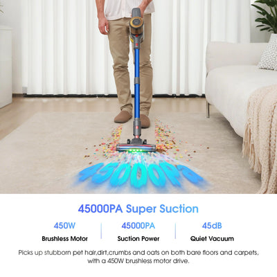 UNINELL Home UV1 Akku Staubsauger 45000Pa/450W/60Min,Staubsauger Kabellos Selbstladender mit LED-Display, Anti-Verhedderung-Bürste akkustaubsauger Super Leise für Teppich,Hartboden und Tierhaare