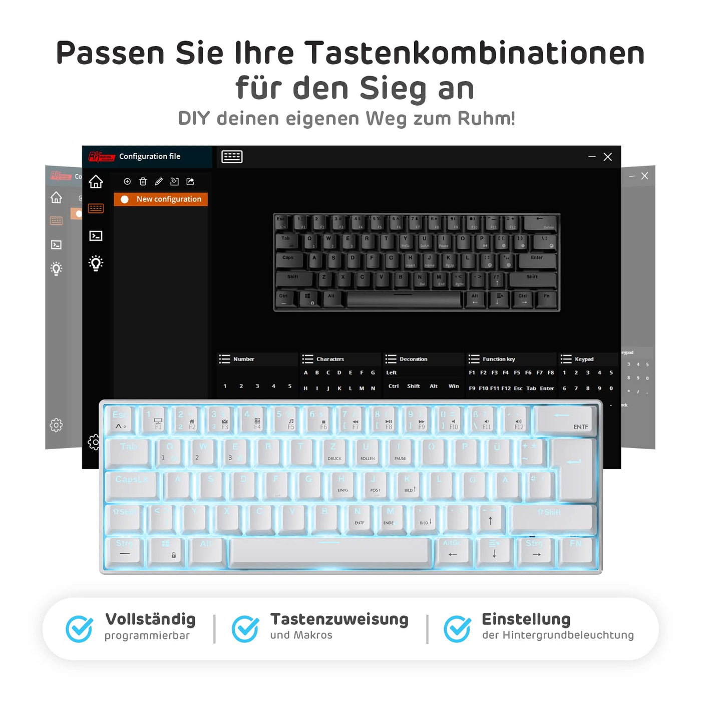 RK ROYAL KLUDGE RK61-DE 60% Bluetooth/kabelgebundene / 2.4Ghz kabellose mechanische Tastatur, 61 Tasten, Hot-Swap-fähige Blaue Schalter Gaming-Tastatur für Win/Mac, Weiß, QWERTZ Deutsches Layout