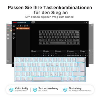 RK ROYAL KLUDGE RK61-DE 60% Bluetooth/kabelgebundene / 2.4Ghz kabellose mechanische Tastatur, 61 Tasten, Hot-Swap-fähige Blaue Schalter Gaming-Tastatur für Win/Mac, Weiß, QWERTZ Deutsches Layout