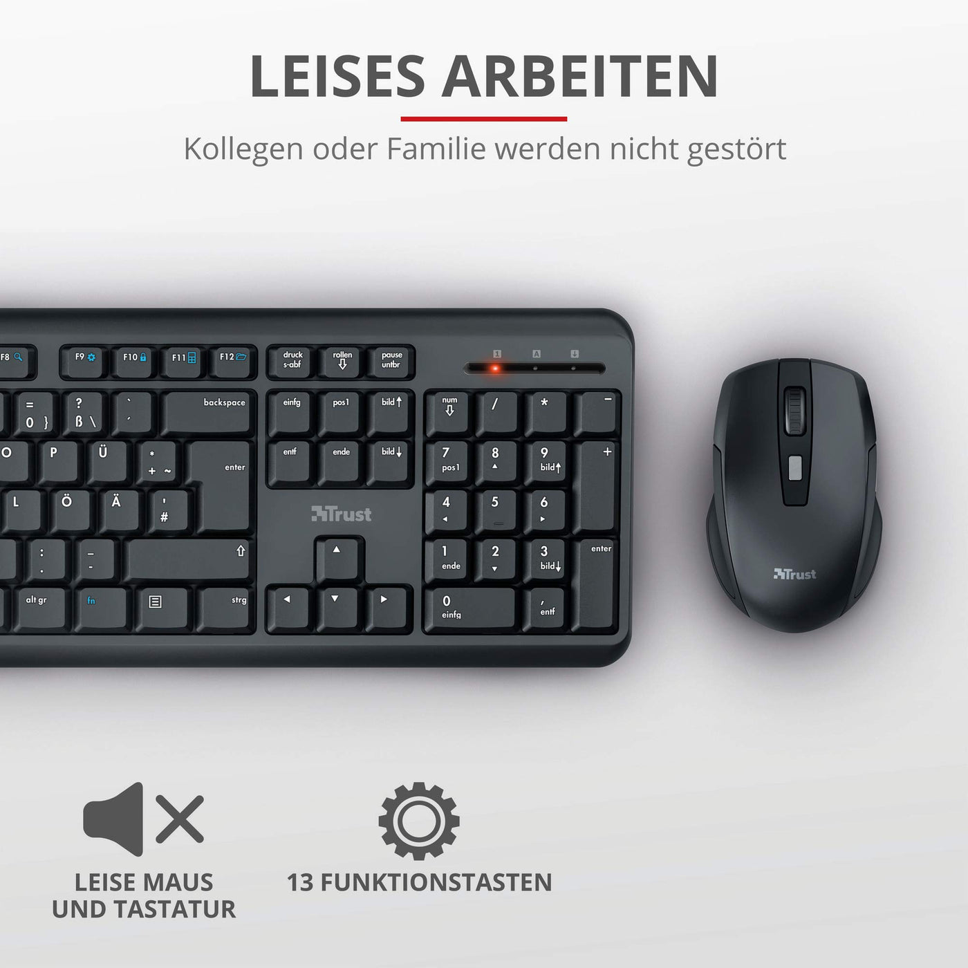 Trust 24080 Ymo Kabelloses Tastatur-Maus-Set - Deutsches QWERTZ - Schwarz & 22879 Verto Wireless Vertikale Ergonomische Maus (Vorbeugung Gegen Mausarm/Tennisarm, Nur für Rechtshänder) Schwarz
