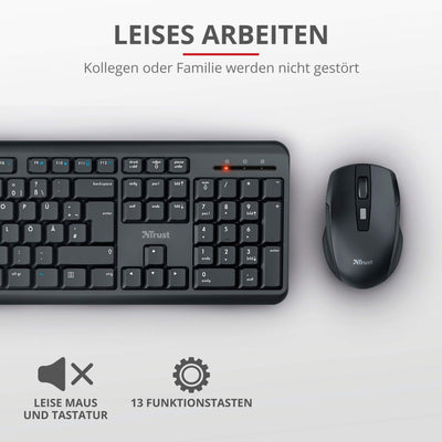 Trust 24080 Ymo Kabelloses Tastatur-Maus-Set - Deutsches QWERTZ - Schwarz & 22879 Verto Wireless Vertikale Ergonomische Maus (Vorbeugung Gegen Mausarm/Tennisarm, Nur für Rechtshänder) Schwarz