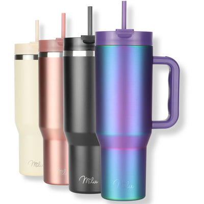 Milu Thermobecher 1200ml mit Strohhalm und Henkel – 48h Eis/24h kalt/12h heiß Edelstahl Tumbler 40oz mit Griff - Isolierbecher to go - Isolierflasche Trinkflasche doppelwandig isoliert (Aurora, 1,2L)