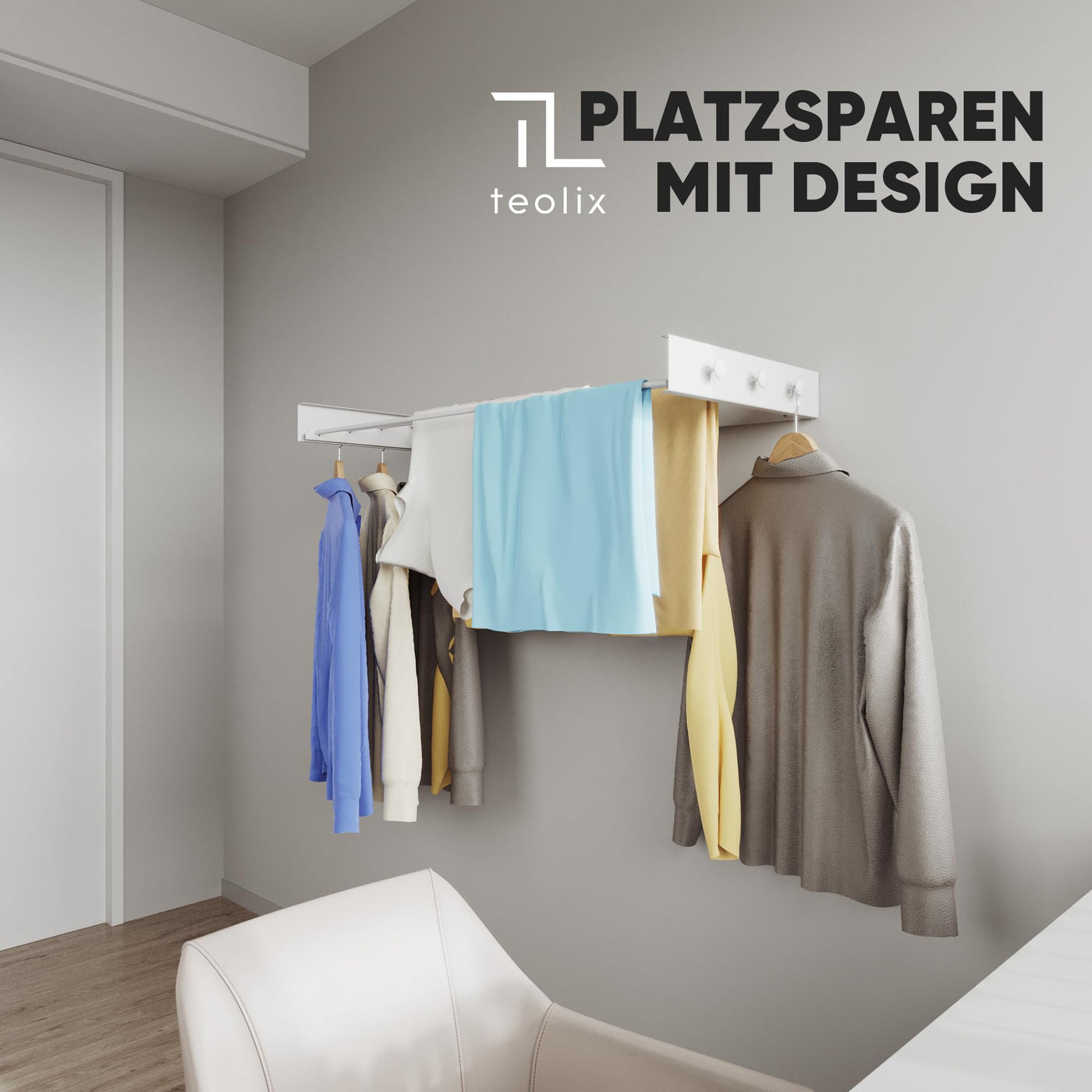 teolix Wäscheständer Wandmontage [2in1 mit extra Kleiderhaken] Ausziehbar und Platzsparend | Wäschetrockner Klein für Wand | Clothes Drying Rack Zeitlos Praktisch - (Weiß, 80cm)
