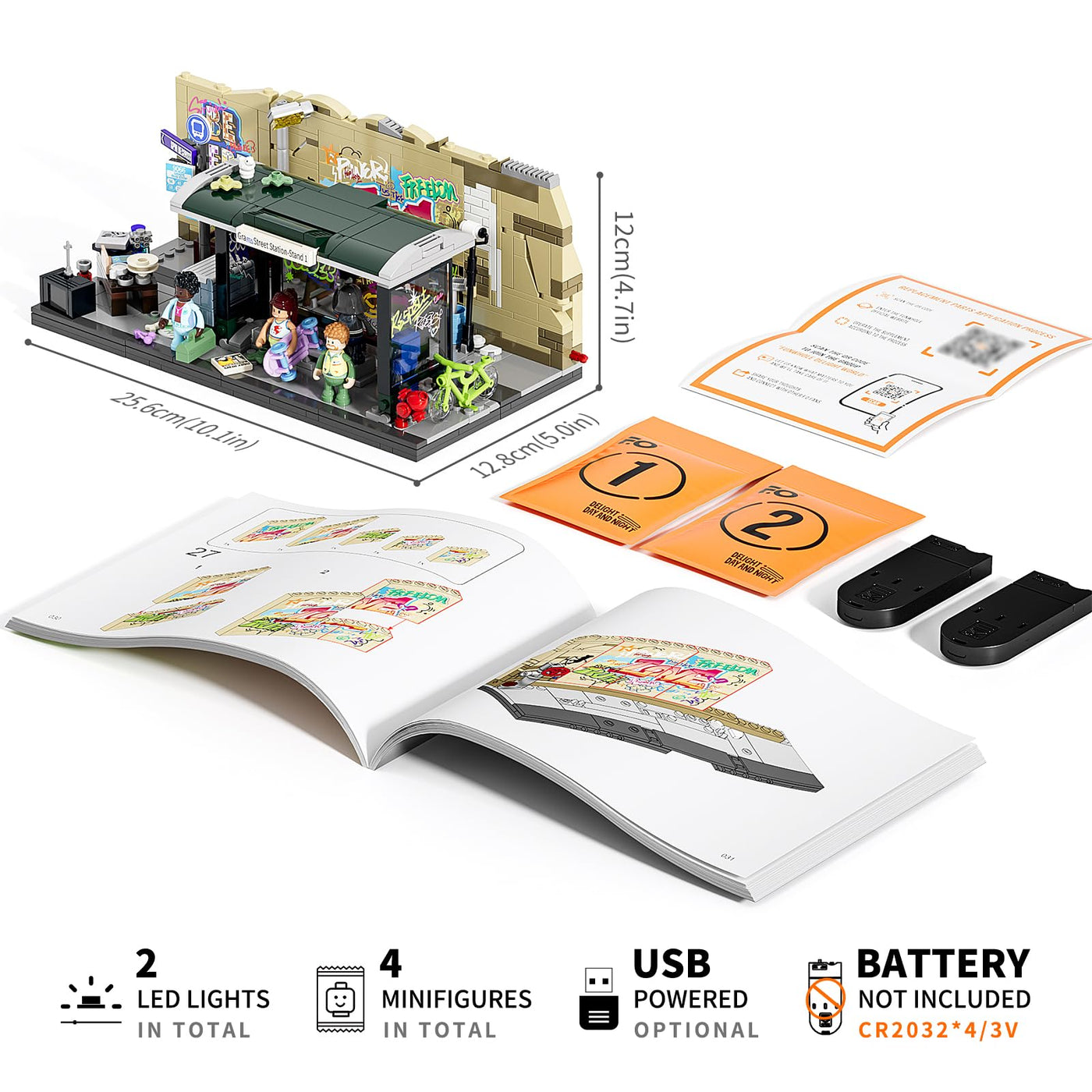 FUNWHOLE Graffiti-Bushaltestelle Klemmbausteine Beleuchtung Deko, Modular Building Straßenfusion City Town Busbahnhof,516Pcs,Geeignet für Erwachsene und Streetstyle-Liebhaber,F9066,Bus Stop