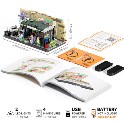 FUNWHOLE Graffiti-Bushaltestelle Klemmbausteine Beleuchtung Deko, Modular Building Straßenfusion City Town Busbahnhof,516Pcs,Geeignet für Erwachsene und Streetstyle-Liebhaber,F9066,Bus Stop