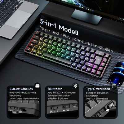 TMKB T68 Gaming Tastatur,60% Kabellos Mechanische RGB Tastatur mit Bluetooth/2.4G/Typ-C,Compact 68 Tasten Anti-Ghosting,Deutsches QWERTZ Layout,Red Linear Switch,Schwarz