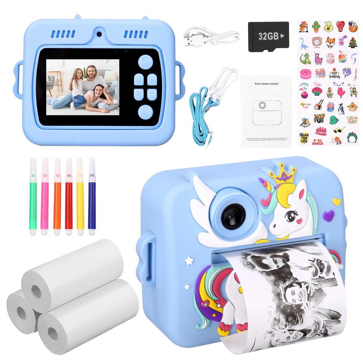 Kinderkamera, Sofortbildkamera Kinderkamera 48MP, 2,4 Zoll 1080P HD Kinder Digitalkamera mit 32GB Karte & Druckpapier, 8X Zoom, Geschenke für Jungen und Mädchen 3-12 Jahre (Blau)