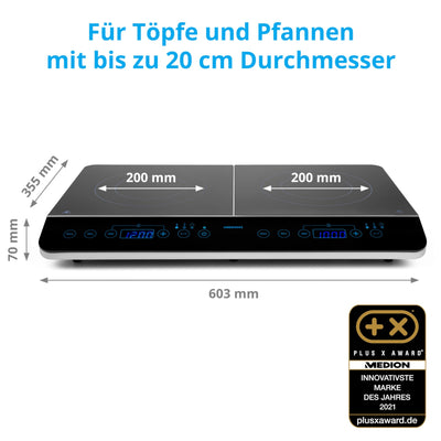 MEDION MD 15324 Doppel-Induktionskochplatte, 3500 Watt, Zwei Kochplatten, 10 Temperaturstufen, LED Display, schwarz